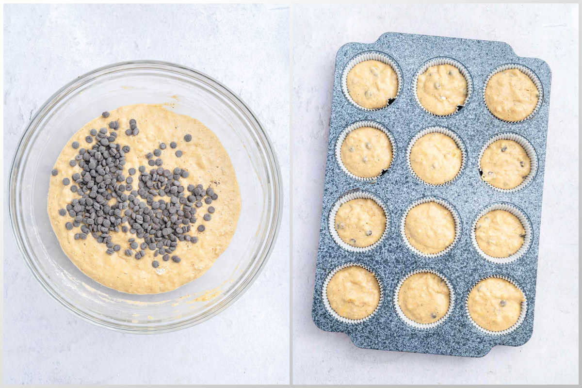process shot to add chocolate chips to the batter and adding them into muffin tin.