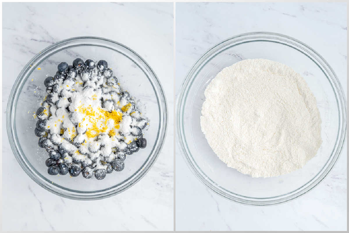 process shot to add flour to blueberries and mix the flour base for the batter.