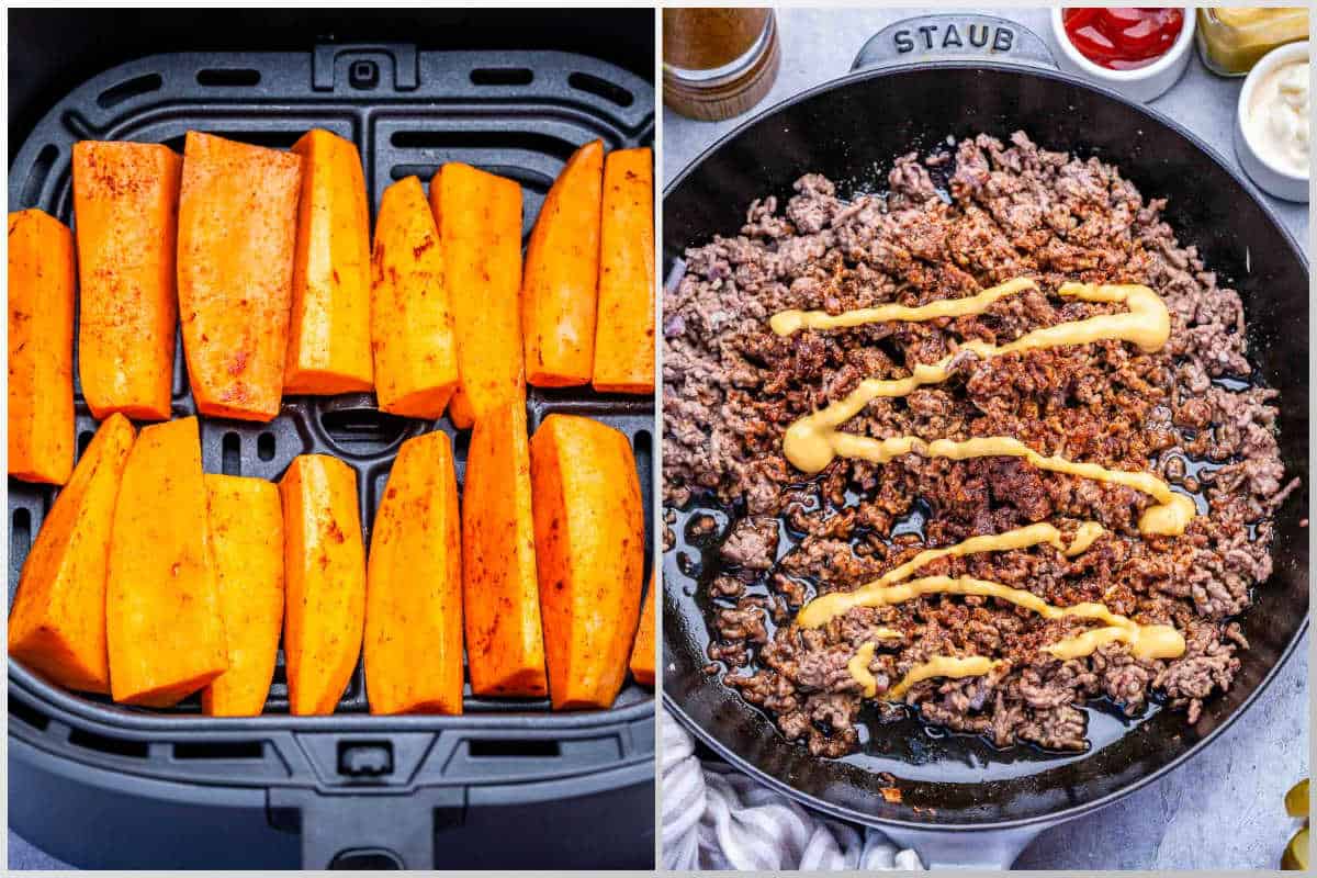 Process shot of cooking the sweet potatoes in an air fryer and browning the beef in a skillet.