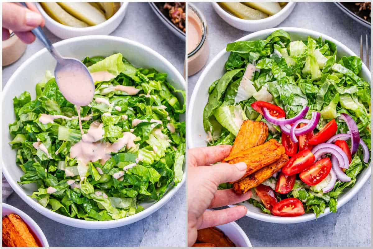 Assembling the cheeseburger bowl.
