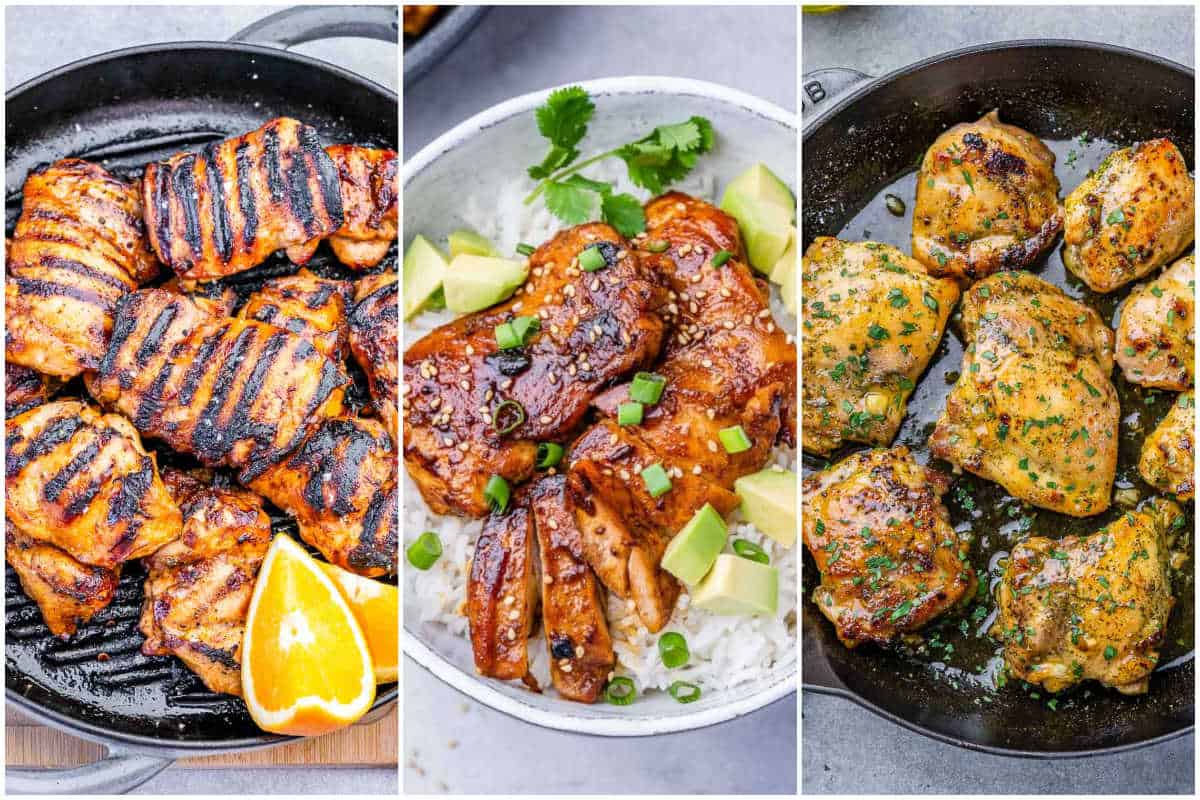 3 chicken thigh recipes in a collage.
