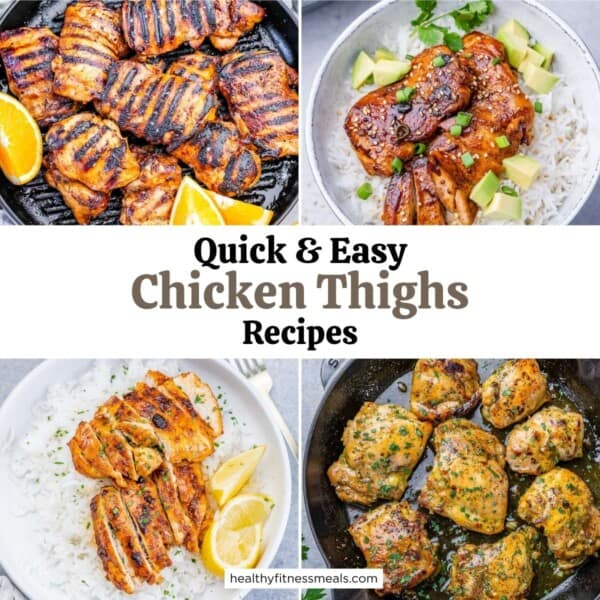 collage of 4 images with chicken thighs dishes.