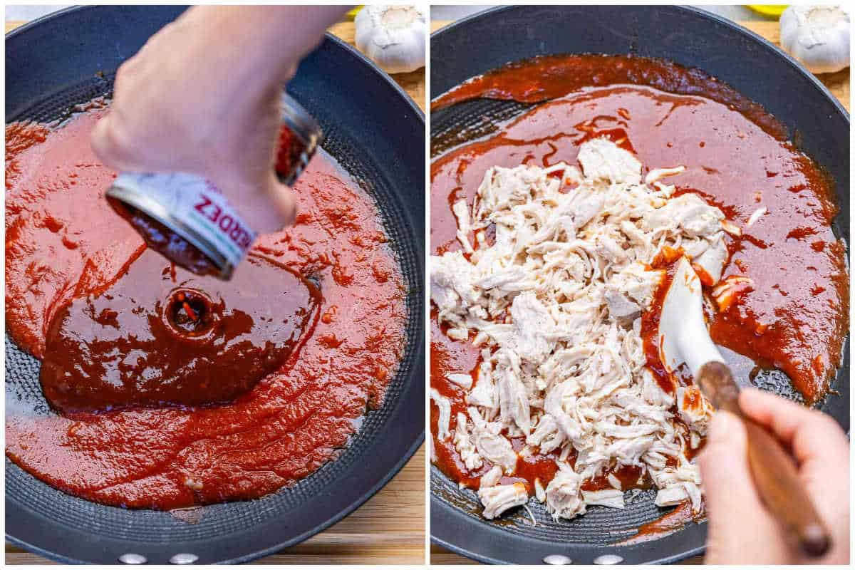 process shot to make the chipotle sauce and then adding shredded chicken to the sauce.