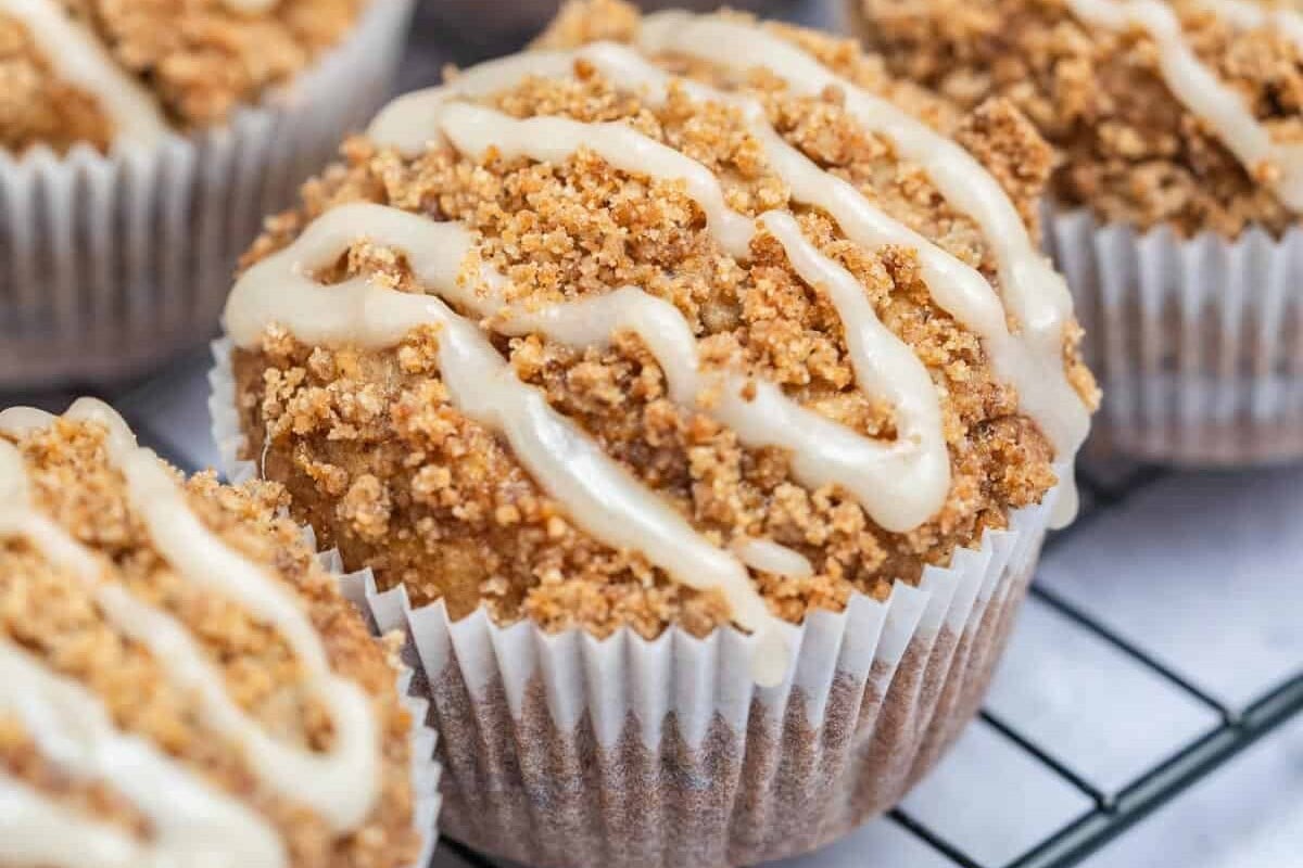 glazed coffee cake muffin on a flat surface.