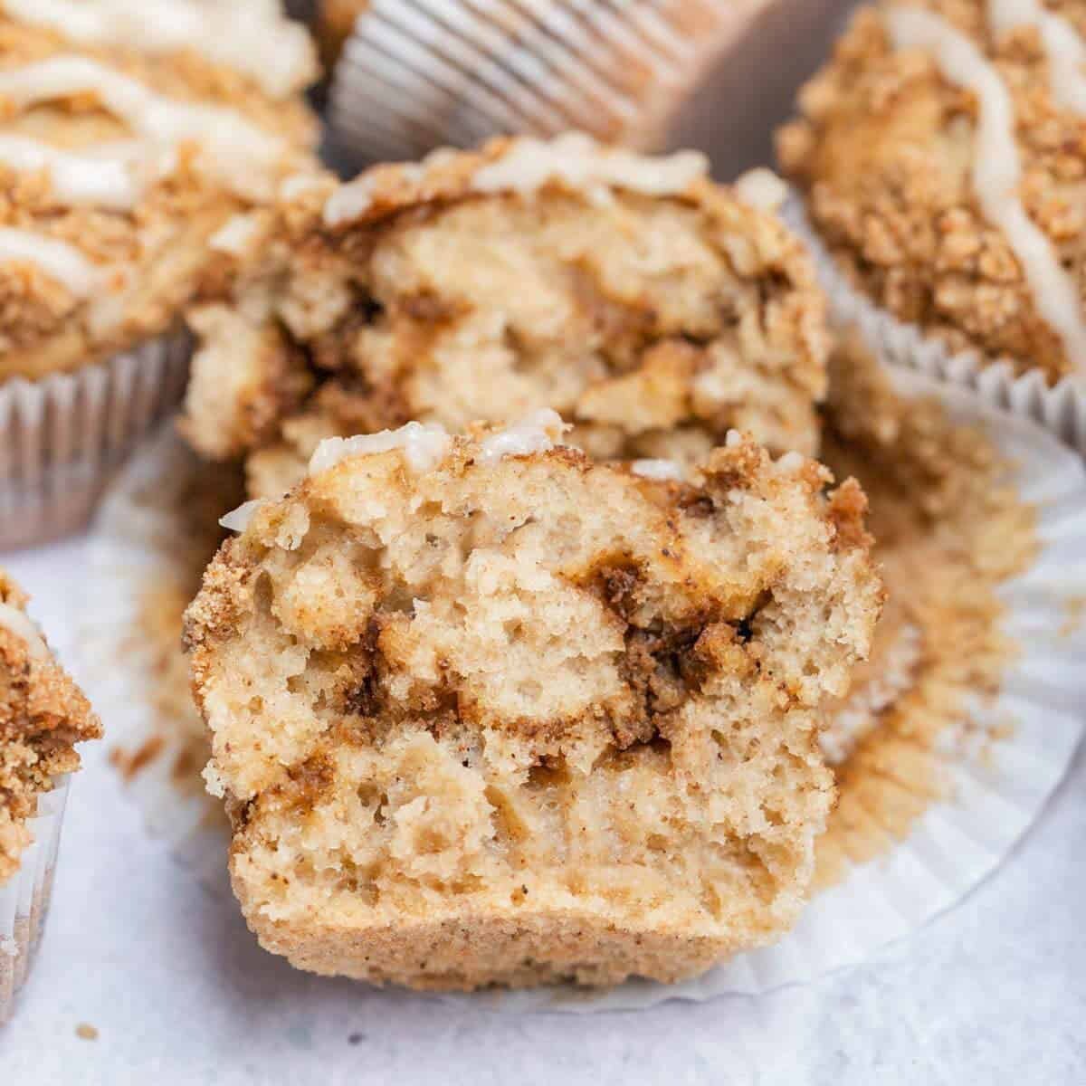 Cinnamon coffee muffins sliced in half.