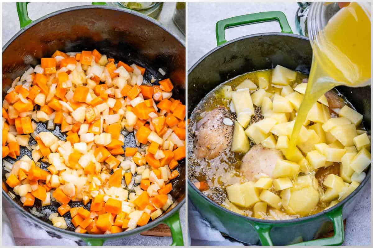 process shot to sautee veggies in a pot and then adding all the other soup ingredients with the broth.