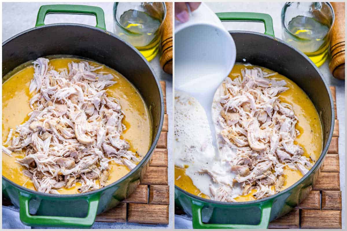 process shot to added the shredded chicken into the soup and then adding the milk slurry over it.