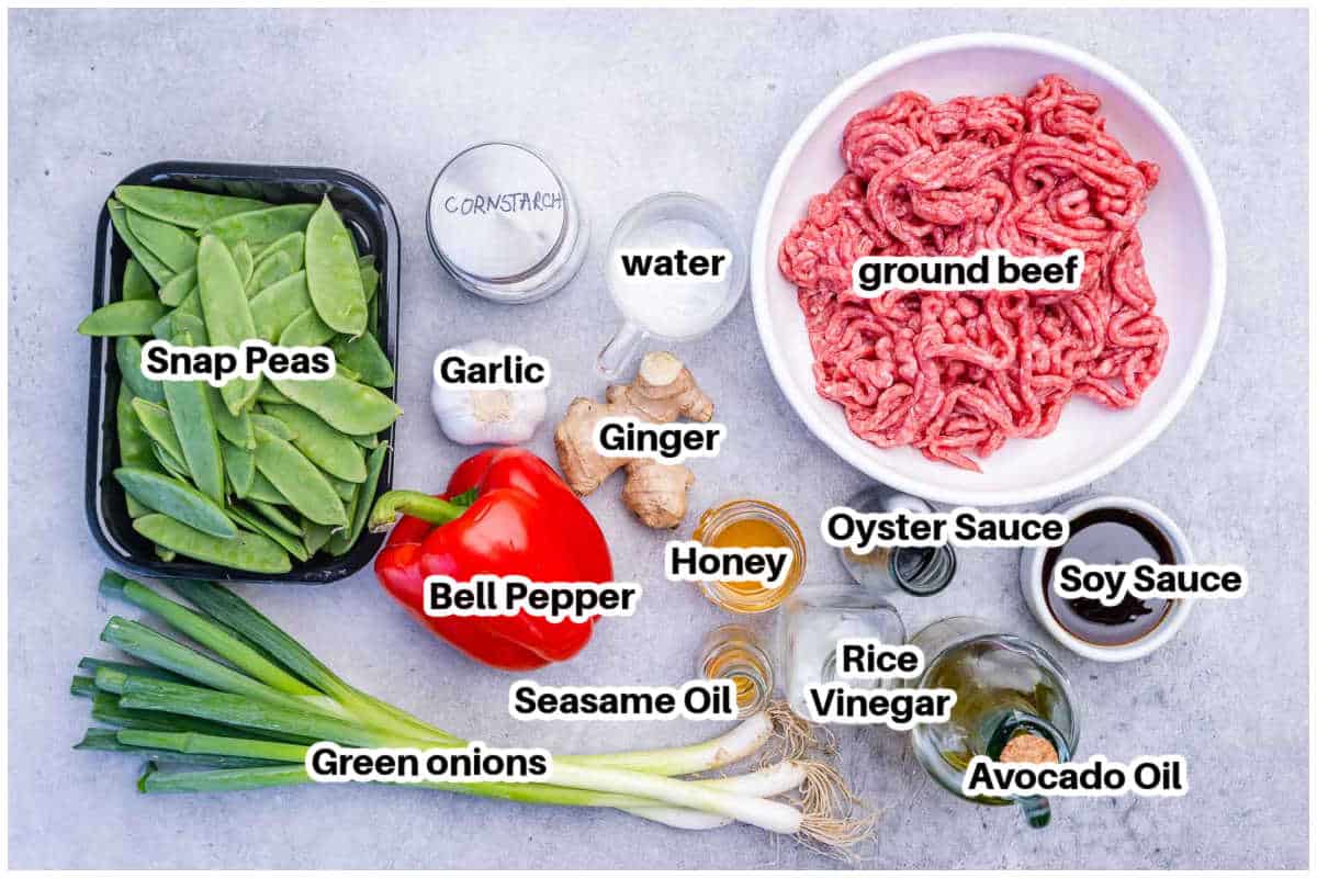 Ingredients for ground beef stir fry.
