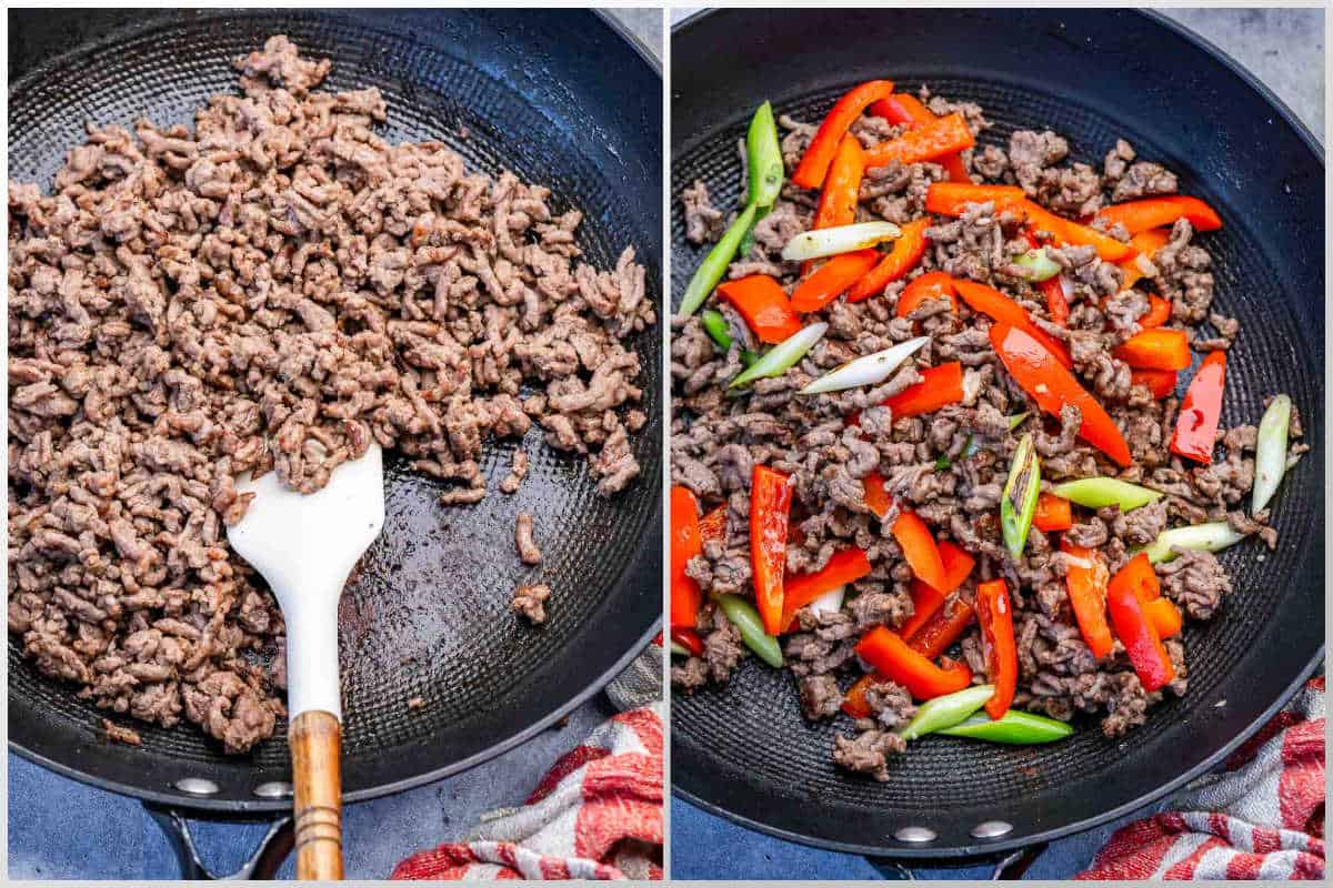ground beef browned in a pan and then veggies added over the beef.
