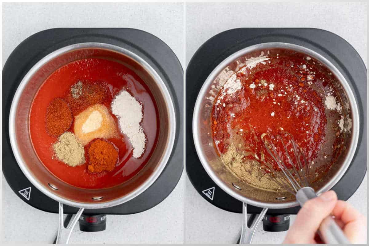 process shot to add all taco sauce ingredients in pan and mixing it.