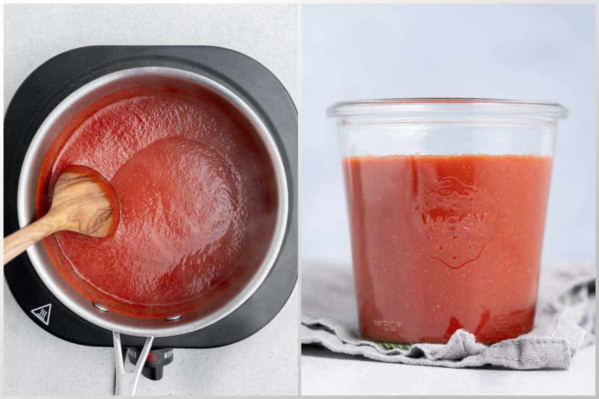process shot to cooking the taco sauce in pan and then storing in jar.