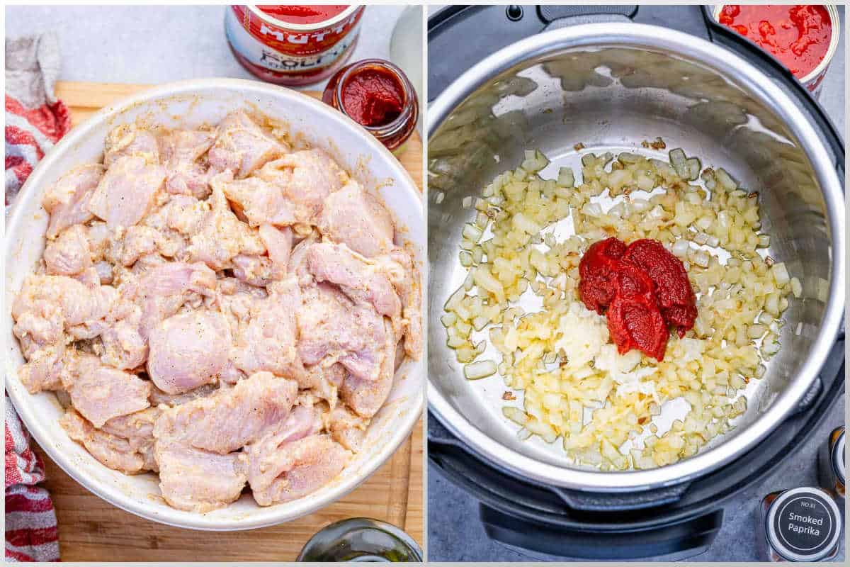 process shot to marinate chicken in a bowl, then saute the onion and tomato in the instant pot.