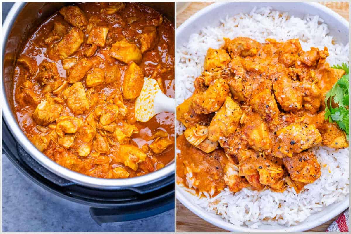 process shot cooking the butter chicken in the instant pot and then serving over rice.