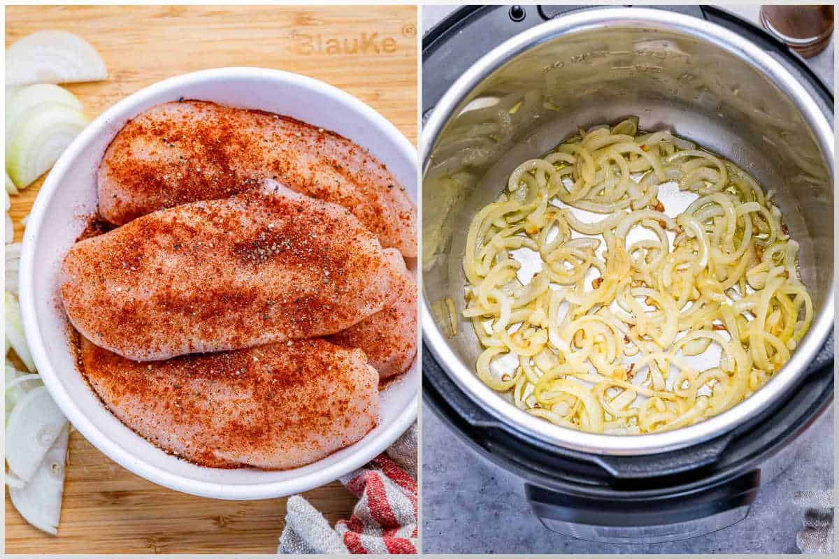 process shot to marinate the chicken in a bowl and sautee onions in the instant pot.