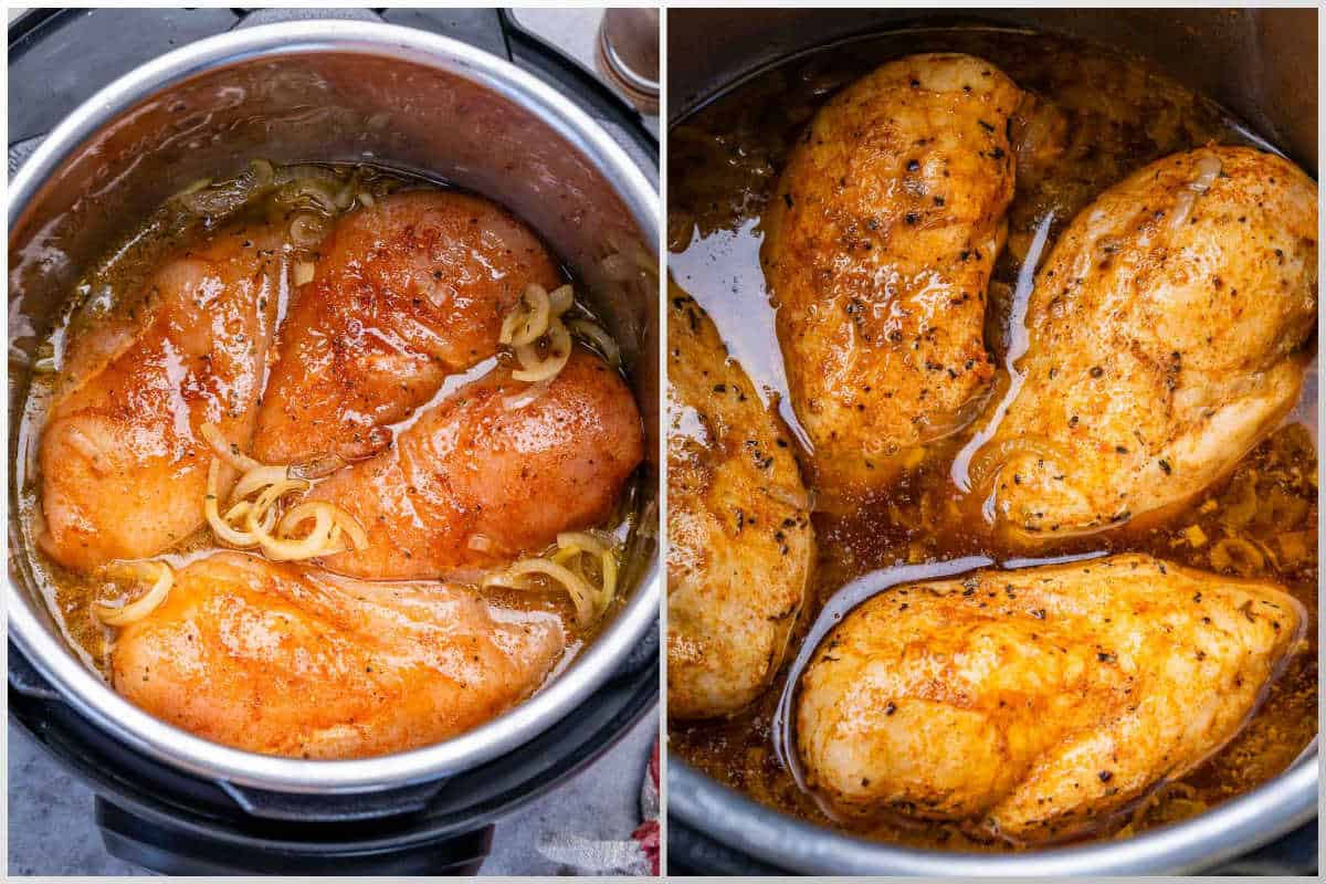 process shot of adding chicken into the sauteed onions in the instant pot and cooking it.