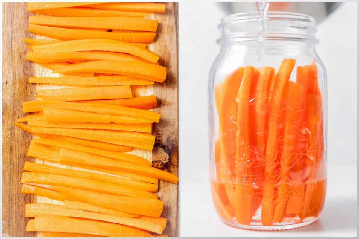 process shot to slice carrots into sticks and placing them in a jar.