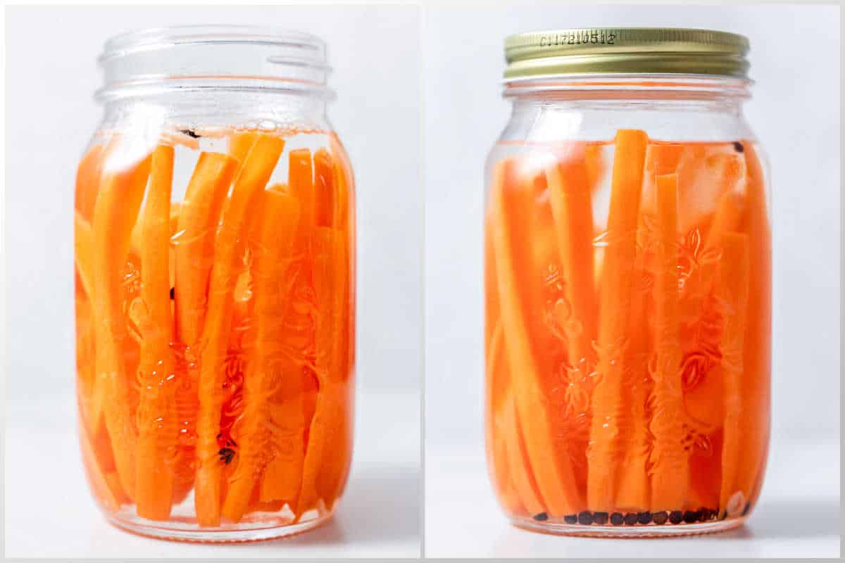 process shot to add the water, vinegar, garlic, and peppercorns in the jar with carrot sticks.