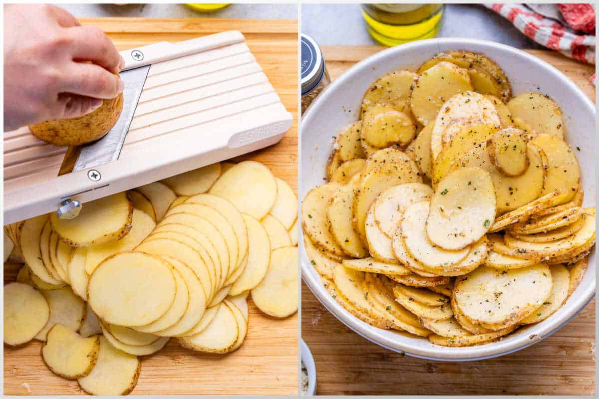 process shot to slice potatoes and seasoning them in a bowl.