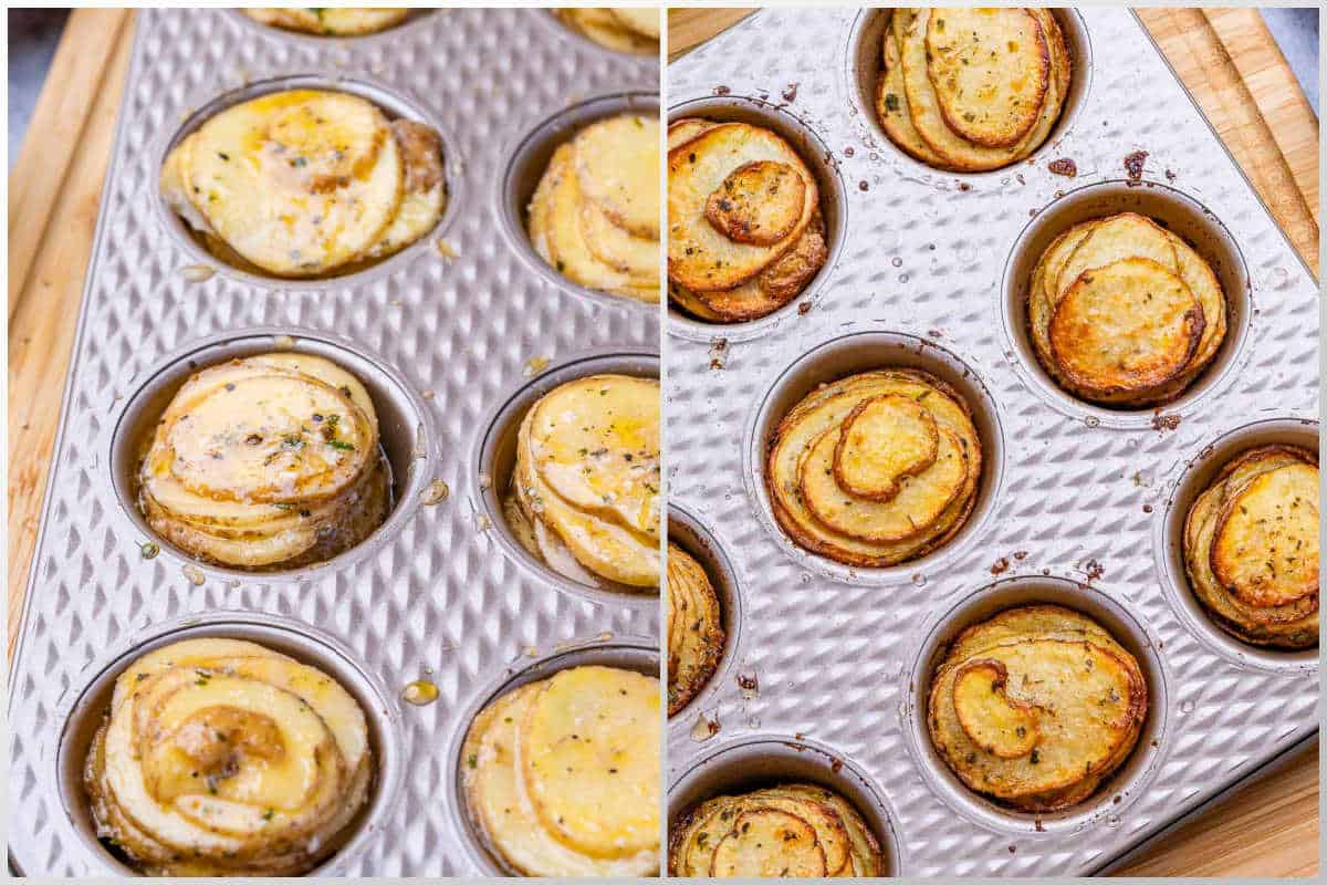 process shot of adding the seasoned potatoes in a muffin pan and baking.