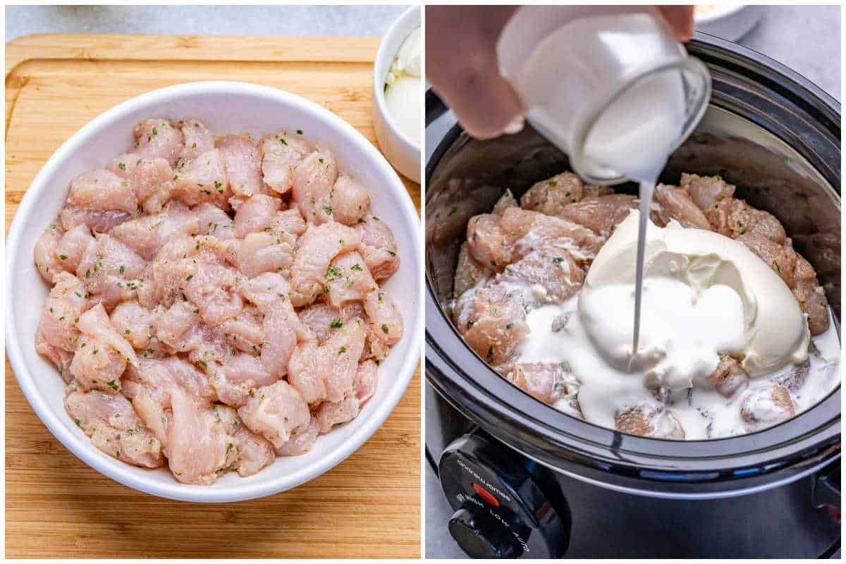 collage to season the chicken in a bowl and then adding it to the slow cooker with all the other ingerdients.