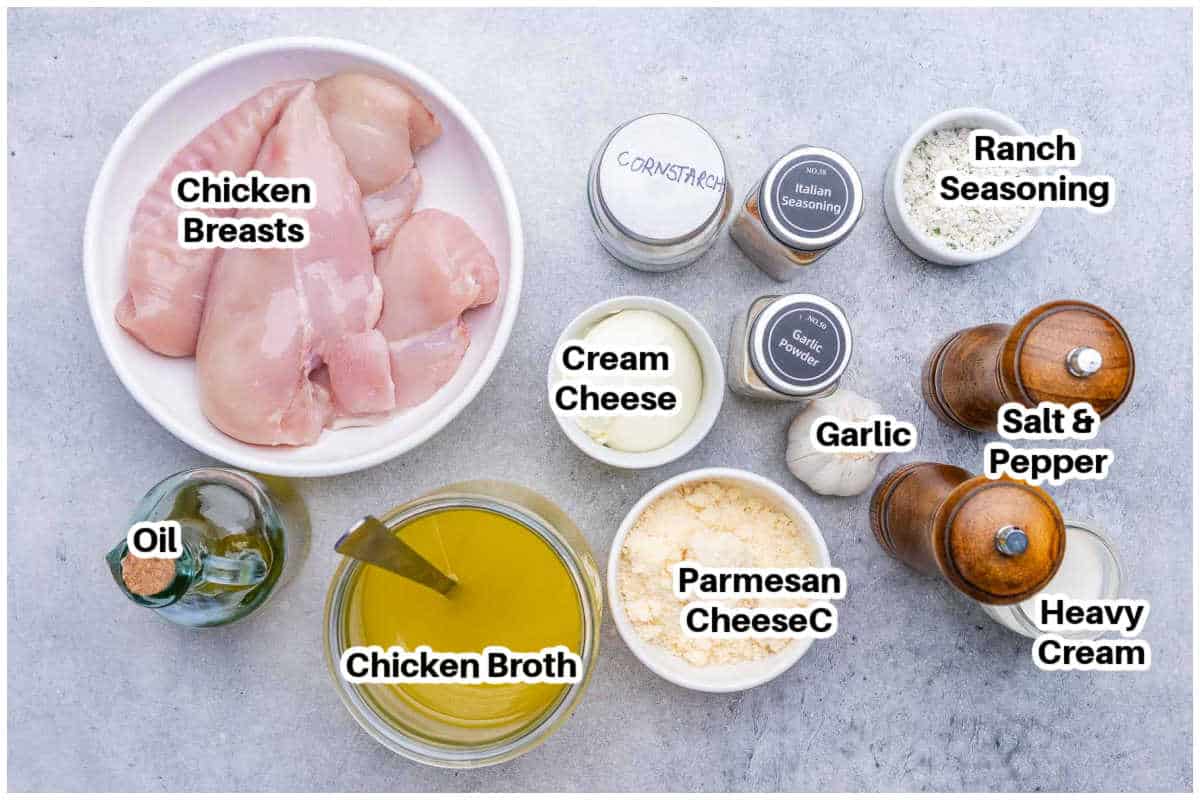 ingredients to make chicken alfredo in a slow cooker.