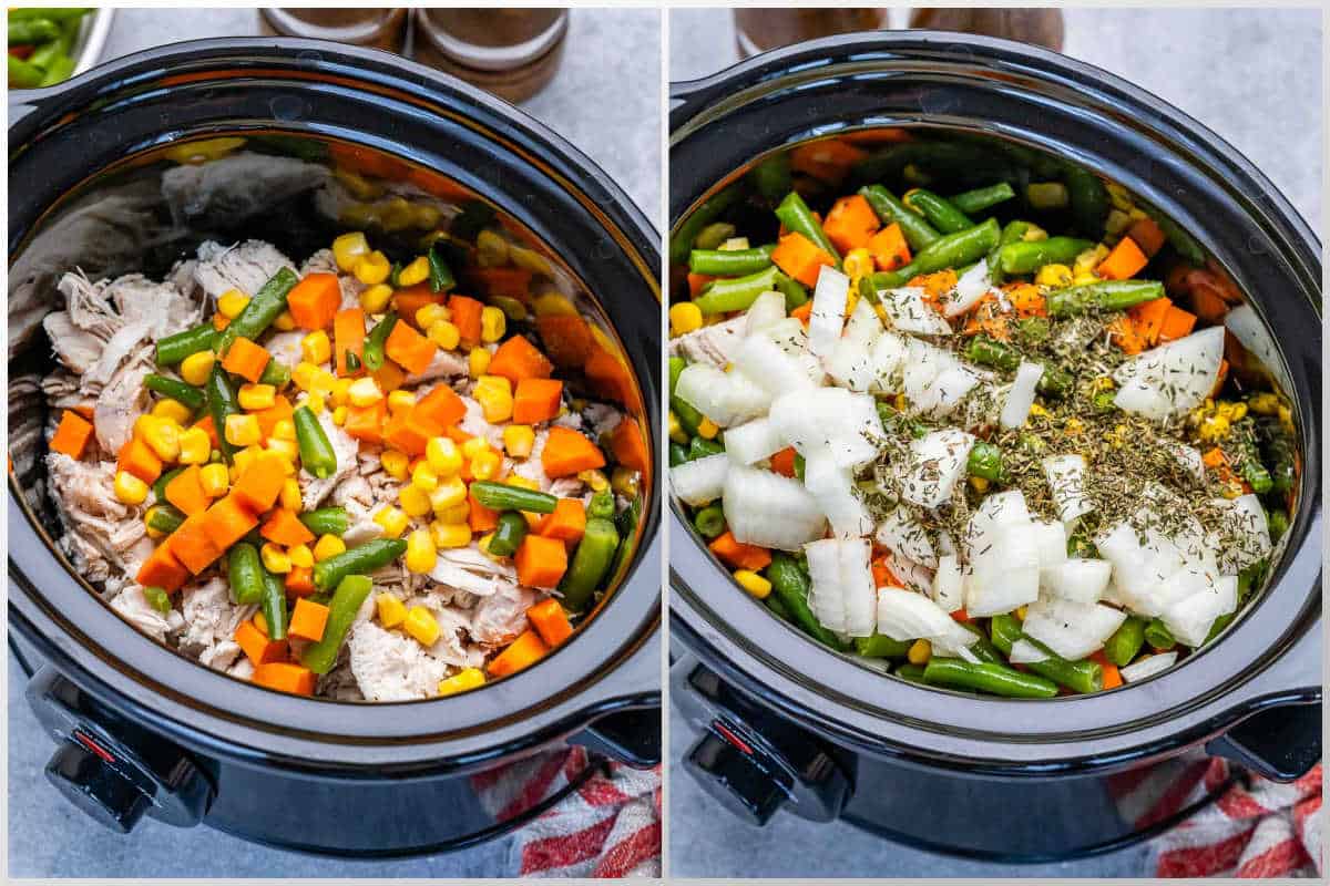ingredients for chicken pot pie added to a slow cooker before cooking.