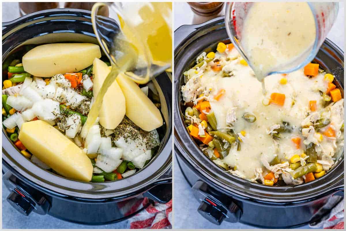 pouring broth and milk into the slow cooker with the veggies and chicken.