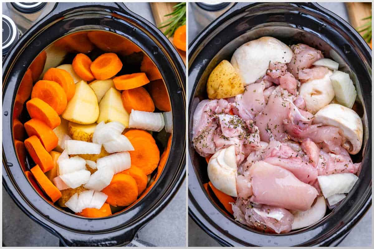 adding the chicken stew ingredients into the slow cooker.