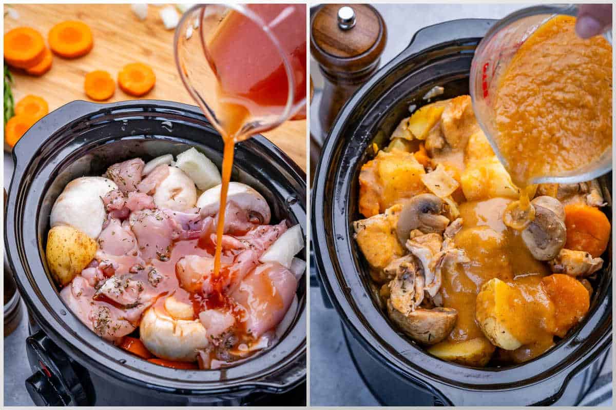 pouring broth and tomato sauce over the chicken stew ingredients in the crock pot.