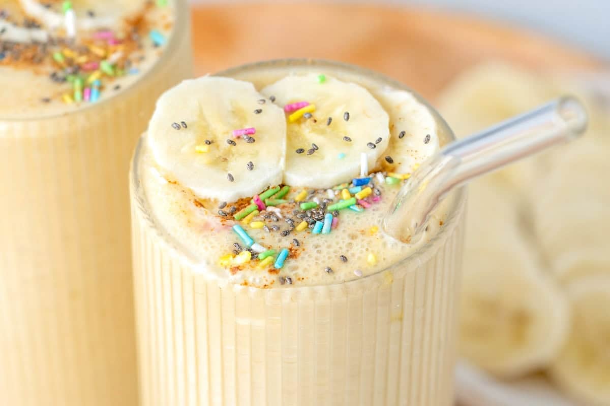 vanilla protein shake in a cup.