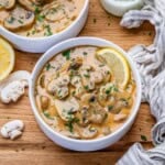 a small round bowl with hungarian mushroom soup.