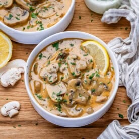 a small round bowl with hungarian mushroom soup.