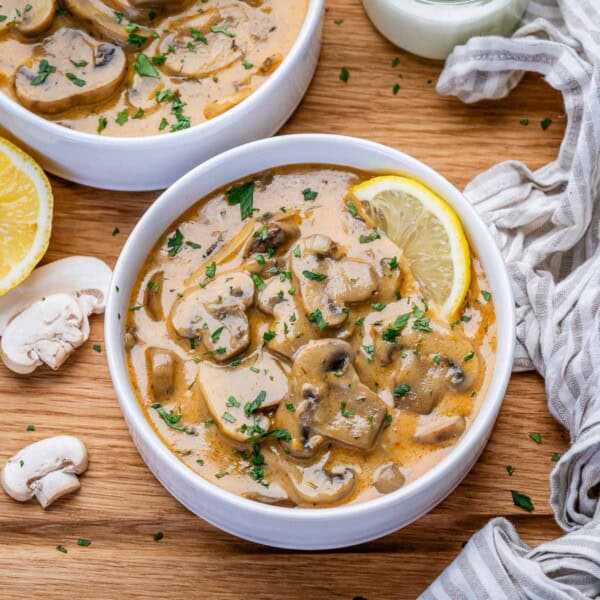 a small round bowl with hungarian mushroom soup.