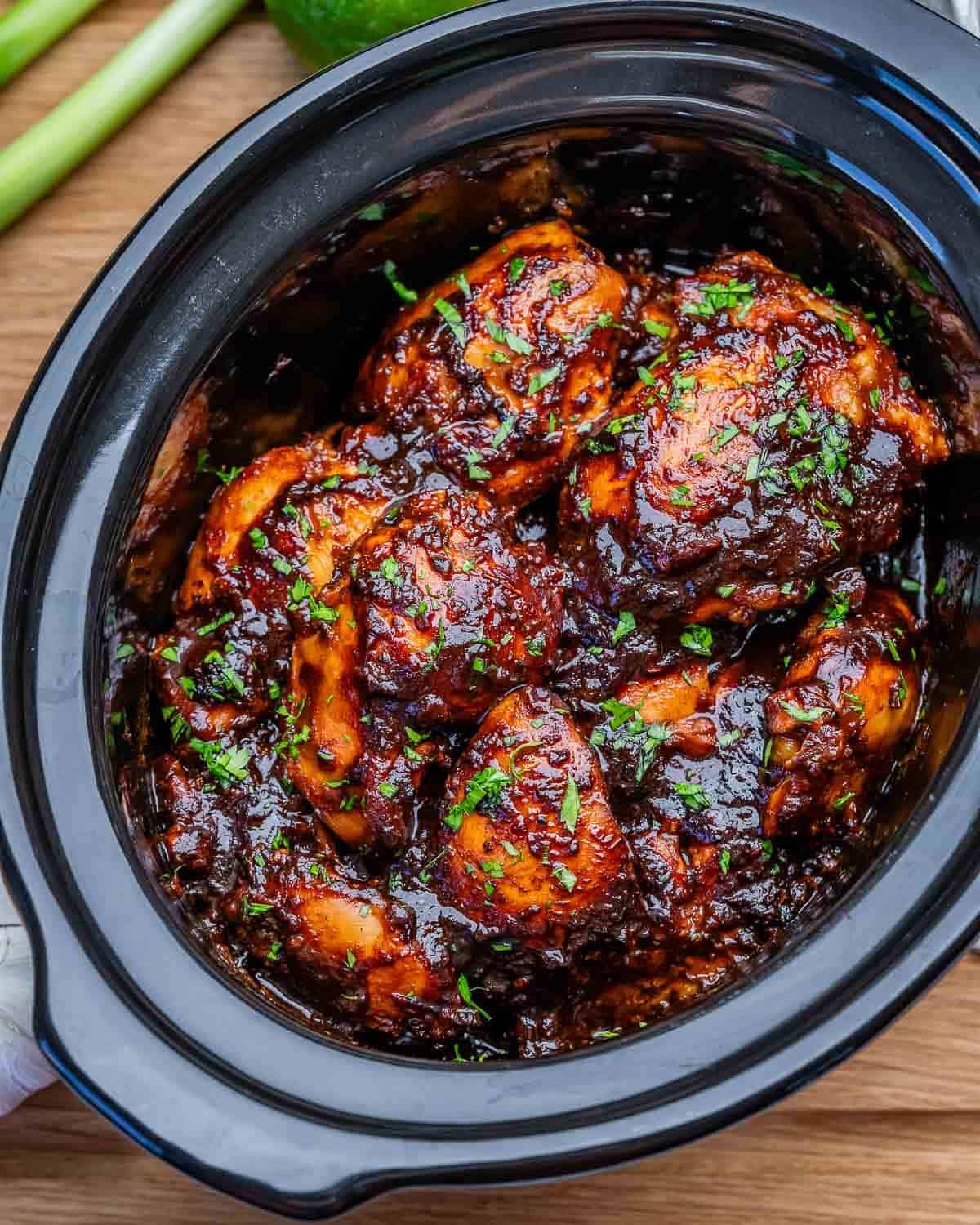 chicken thighs cooked in a slow cooker.
