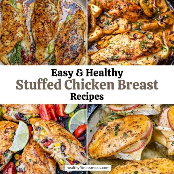 collage for 4 images of stuffed chicken breasts.