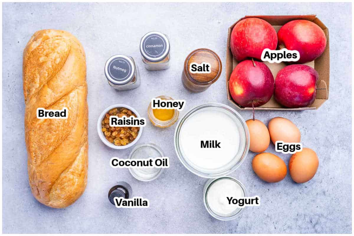Ingredients to make apple bread pudding.