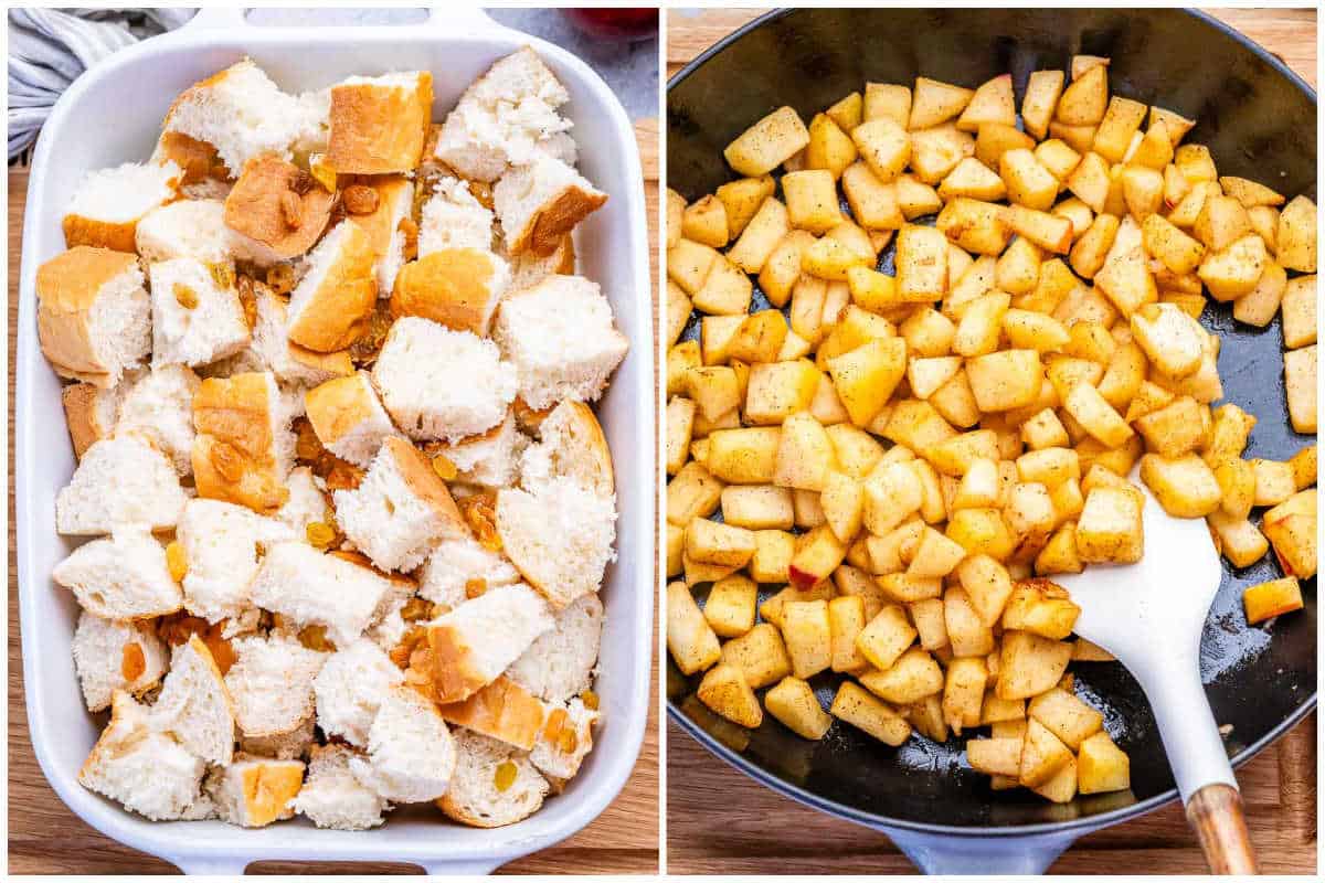 process shot to cube the bread, adding them to a dish, and then cooking apple pieces with cinnamon on a pan.