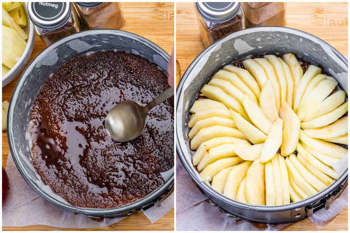 process shot to add the sugar to the base of the pan and then adding sliced apples.