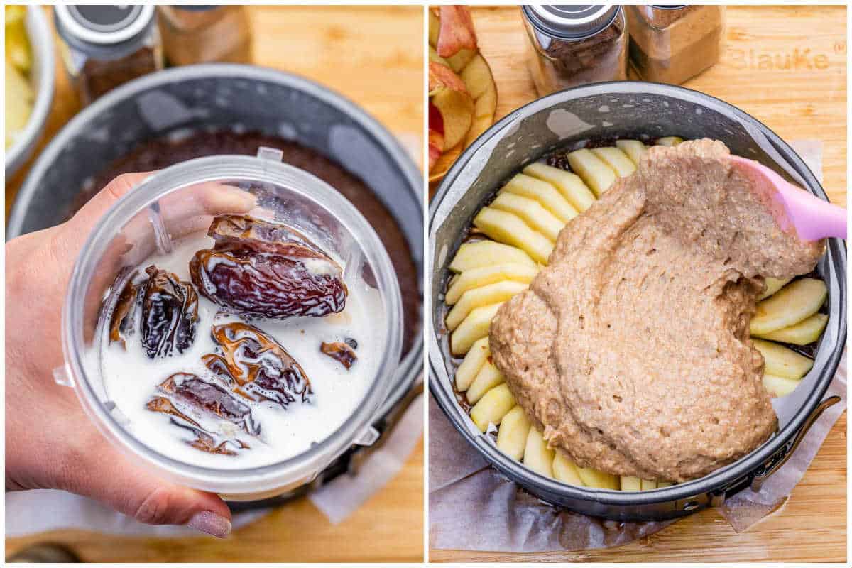 process shot to soak the dates with milk in a blender, then adding the cake batter over the apples in a pan.