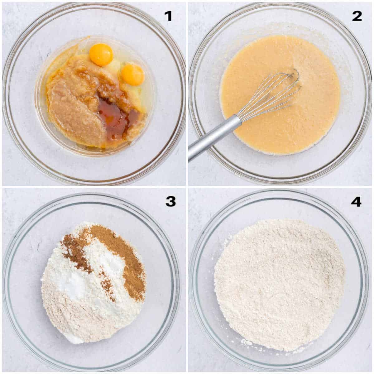 process shot to mix the wet ingredients and the dry ingredients in separate bowls to make applesauce muffins.