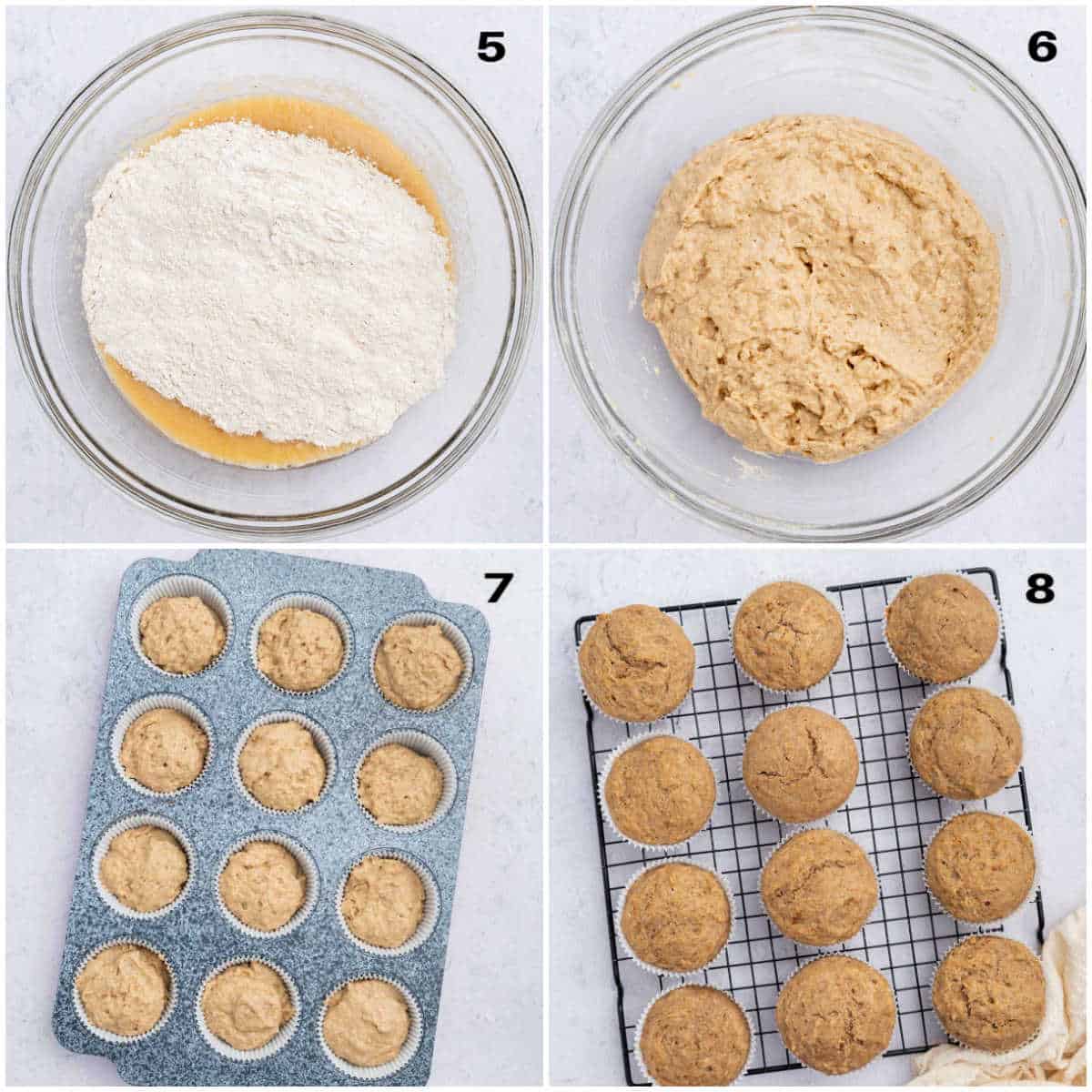 process shot to make the apple sauce muffins batter, adding to a pan, and then baking.