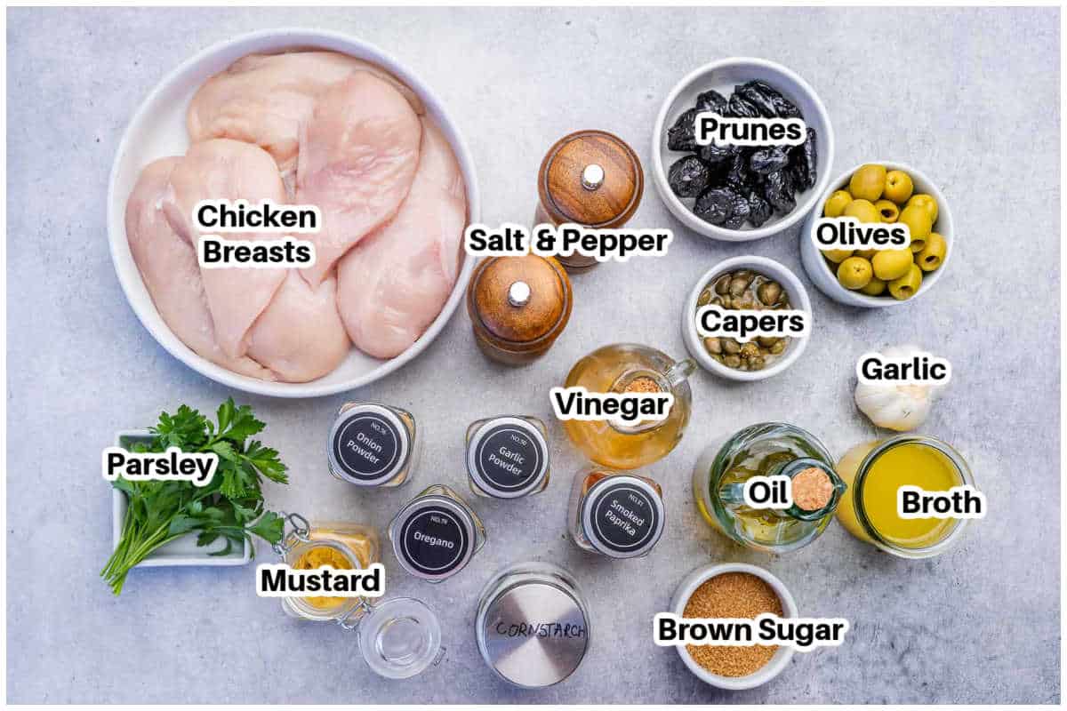 Ingredients for chicken Marbella.