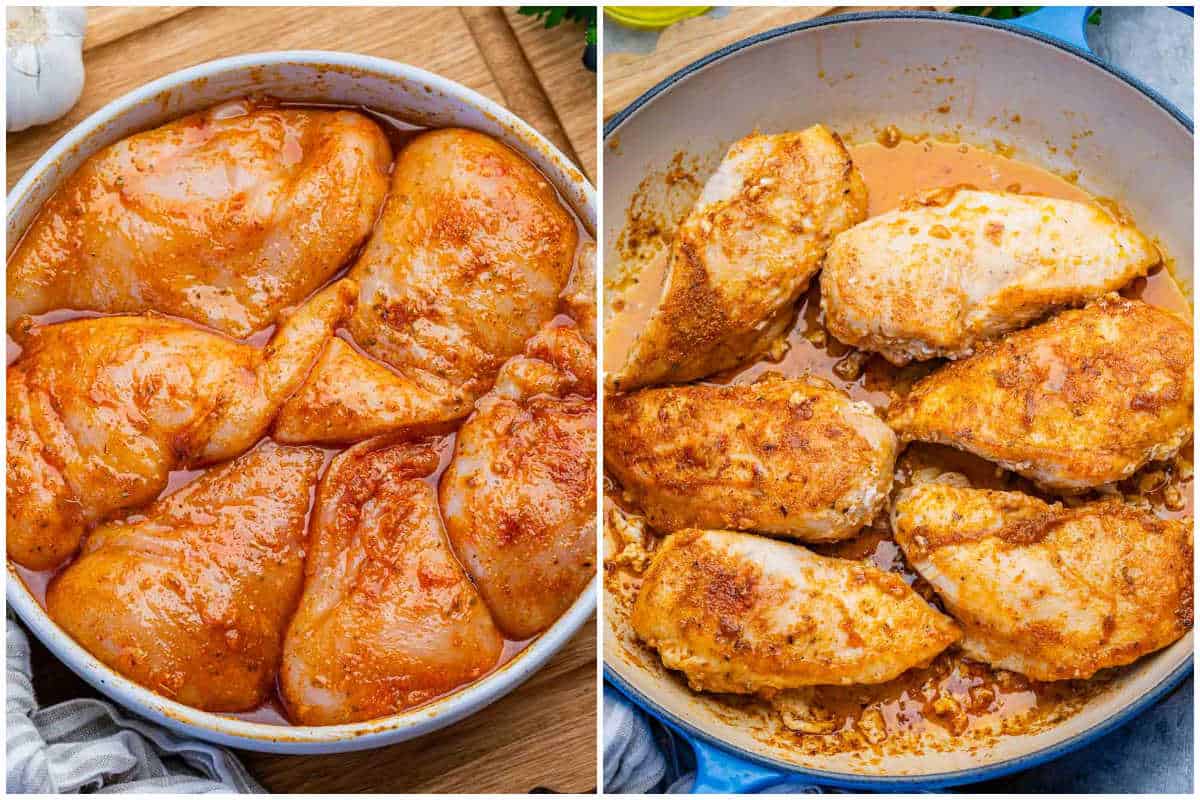 process shot to season the chicken and cooking it on a pan.