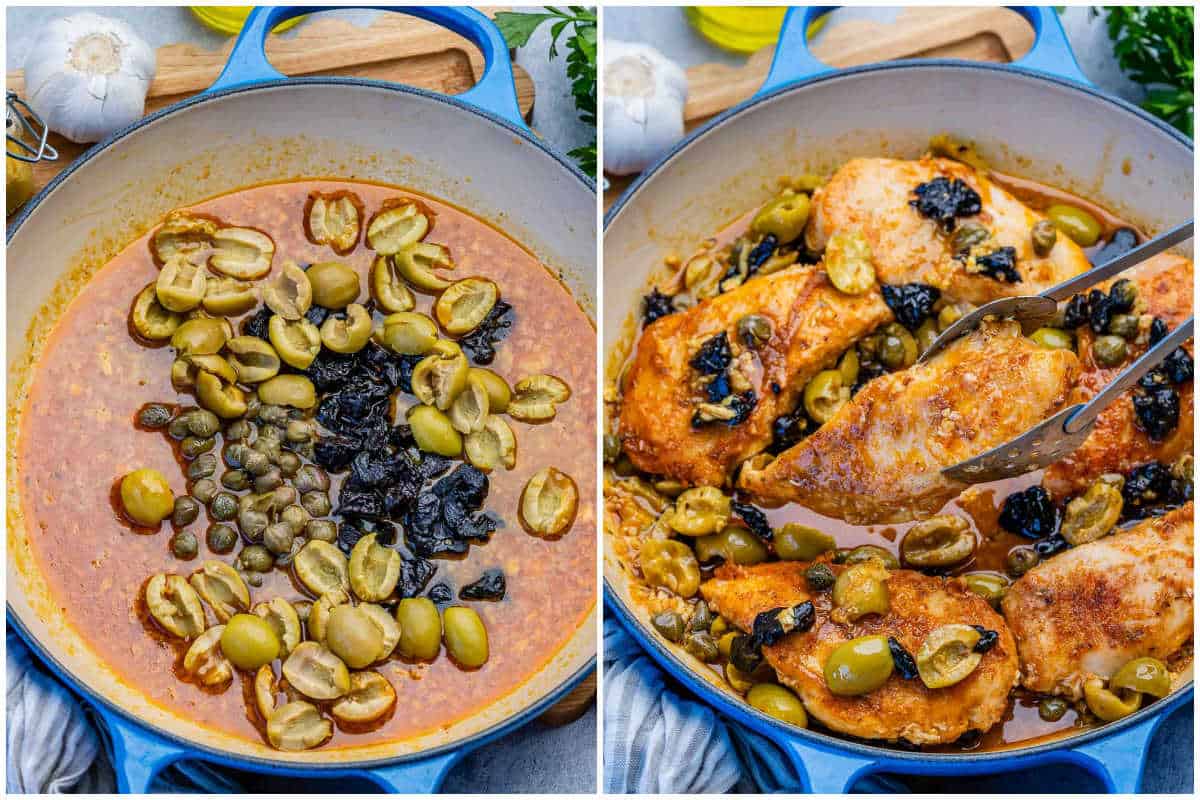 process shot to make the sauce for the chicken marbella in a skillet and then adding the cooked chicken breast.