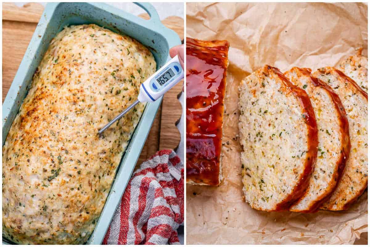 process shot of cooked meatloaf in pan and then sliced over a parchment paper.