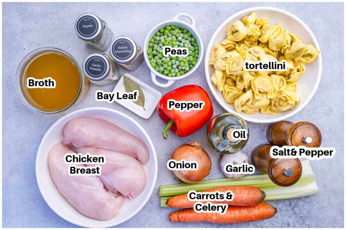 Ingredients for chicken tortellini soup.