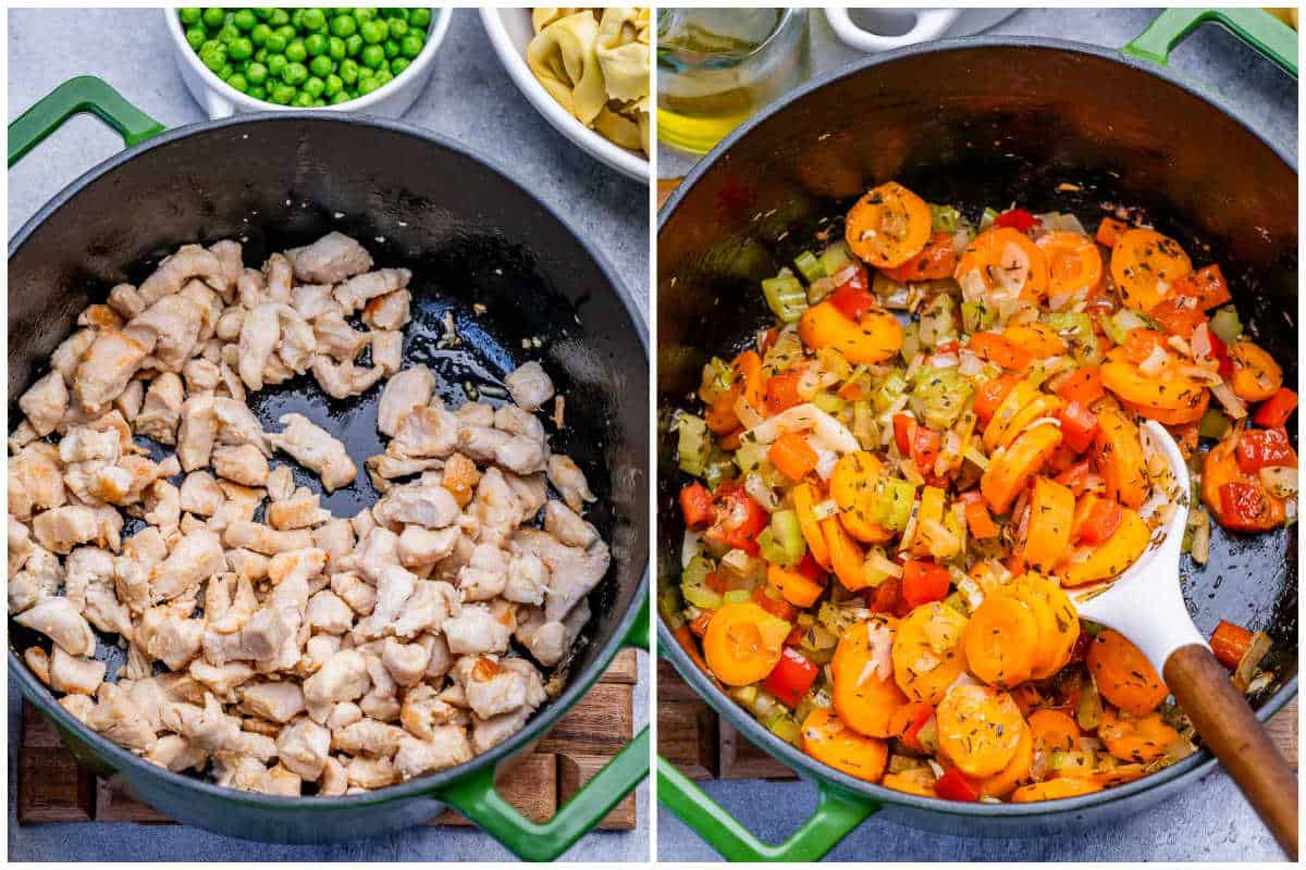 process shot to cook the chicken and adding the veggies to be sauteed in pan.