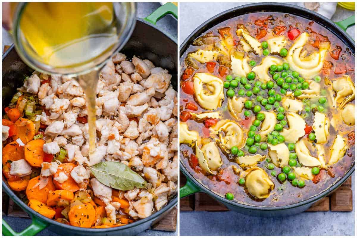 process shot to add broth over chicken and veggies in a pot