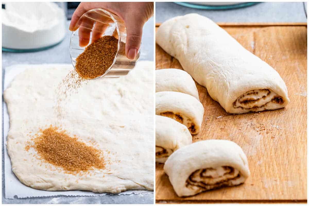 process shot to add the cinnamon sugar to the dough, roll it, and slice them into rolls.