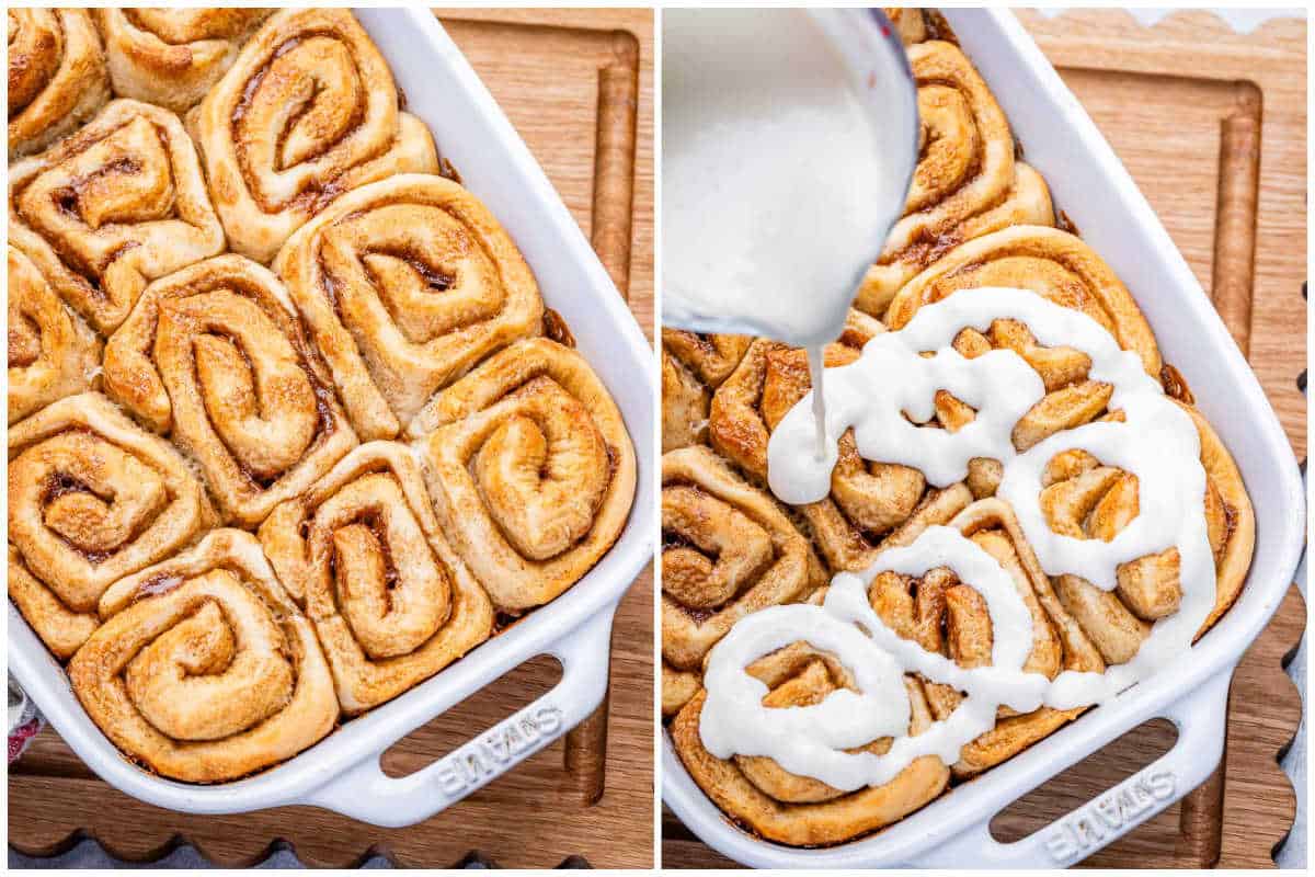 baked cinnamon rolls in a dish topped with creamy sugar glaze.